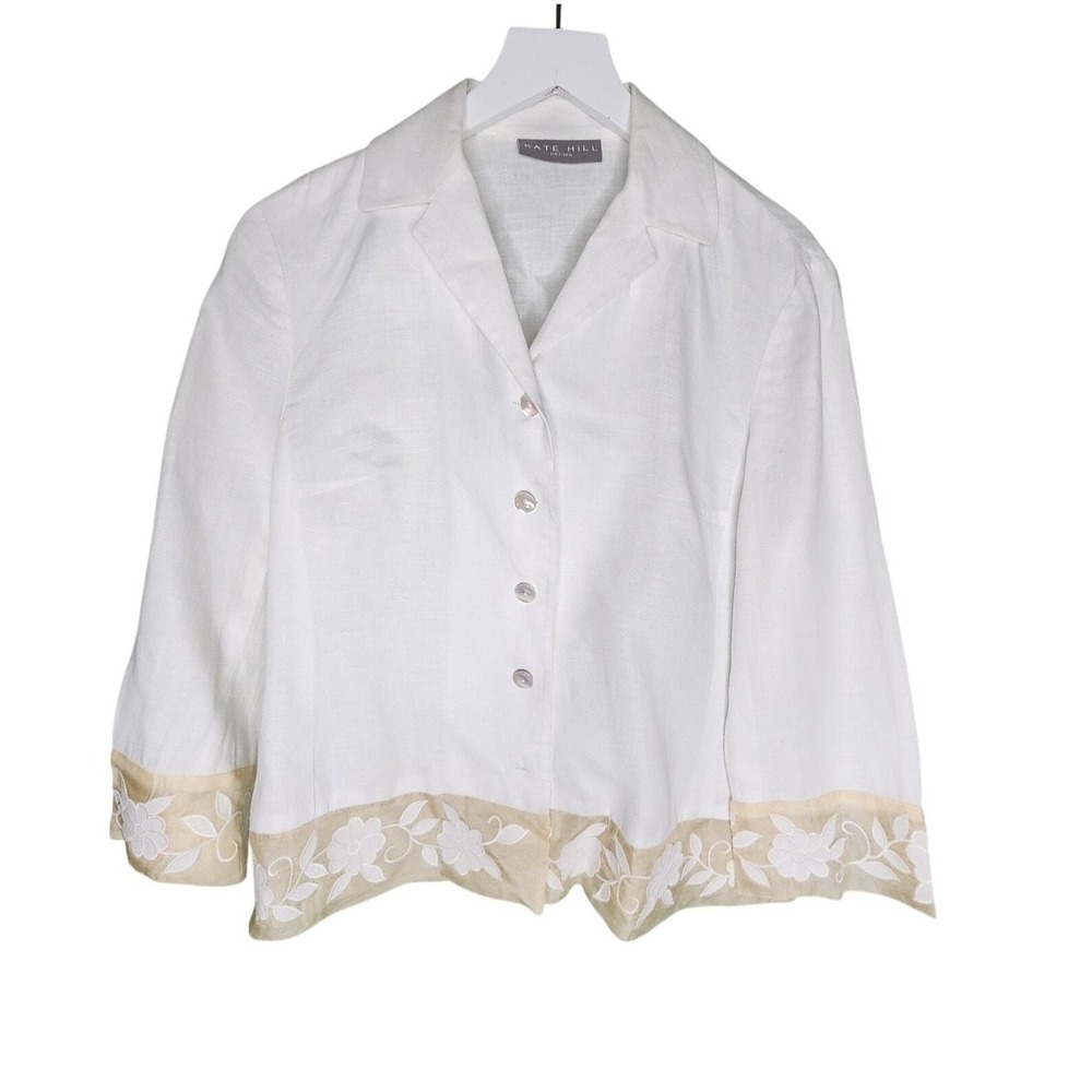 Kate Hill White Linen Button Up Shirt 8 Petite Coastal Prep Lightweight Summer